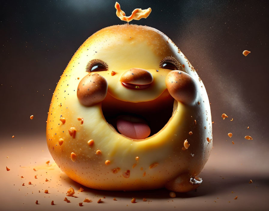 Cheerful anthropomorphic bagel with liquid splash and crumbs on dark background