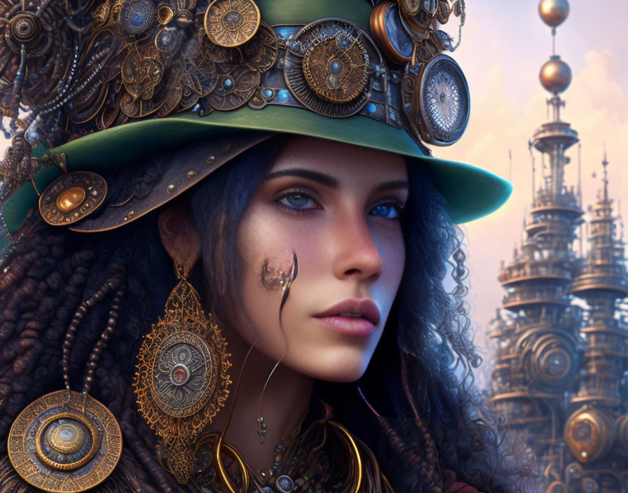 Blue-eyed woman in steampunk attire with clockwork accessories against fantasy towers