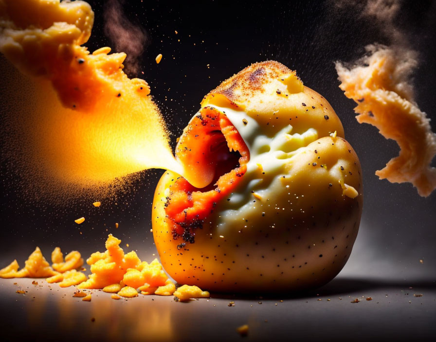 Cheese-filled potato explosion on dark background