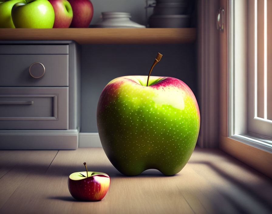 Giant apple with stem on wooden table beside normal-sized apple