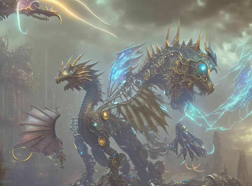 Mechanical dragon with blue accents in stormy backdrop with soaring serpentine creature