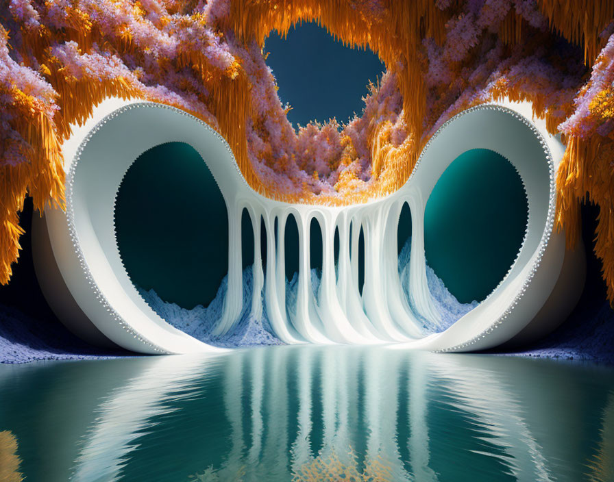 Surreal fantasy landscape with organic white arches, teeth-like edges, serene water, and orange