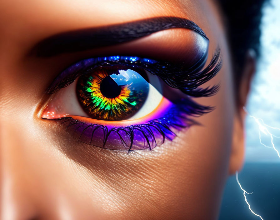 Vivid Rainbow Iris and Purple Eyeliner Close-Up