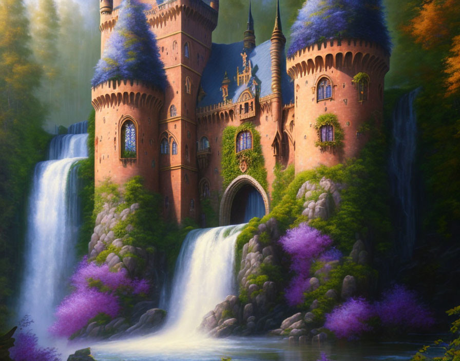 Majestic castle with spires, waterfalls, and lush greenery