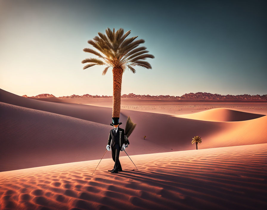 Person in suit and top hat by palm tree in desert landscape