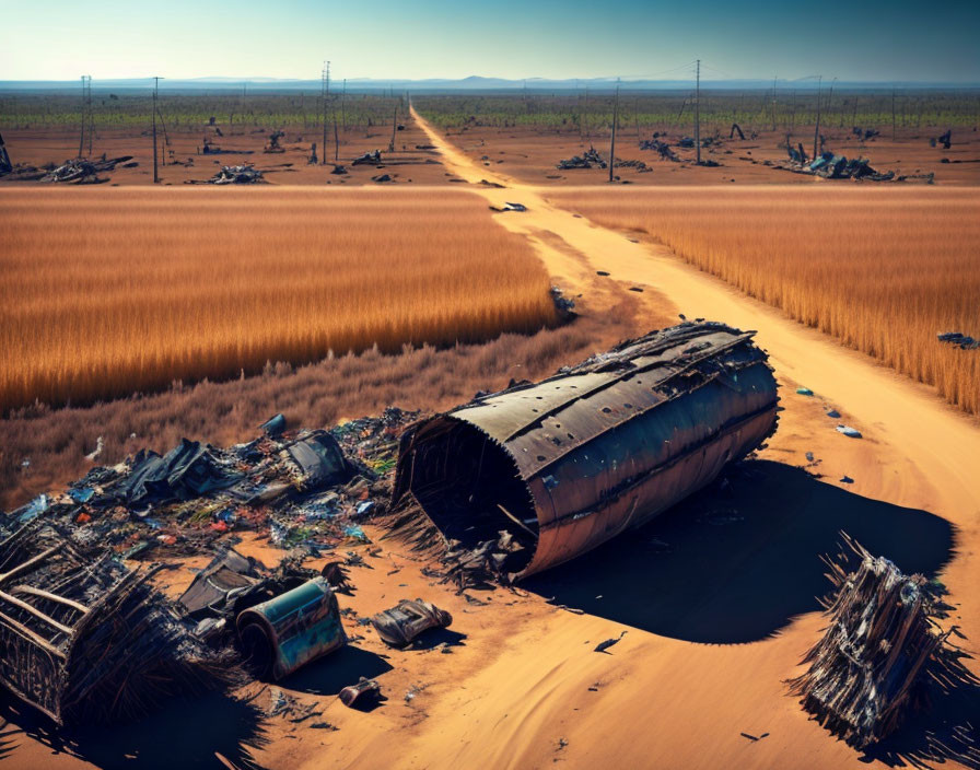 Deserted landscape with airplane wreckage on sand dunes