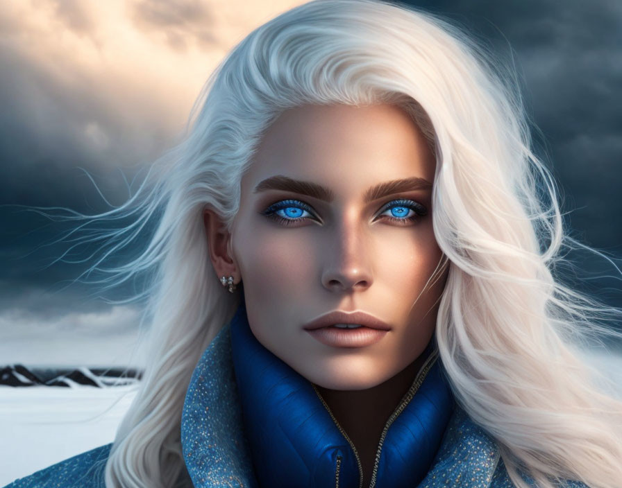 Portrait of person with piercing blue eyes and platinum blonde hair in blue jacket against wintry landscape