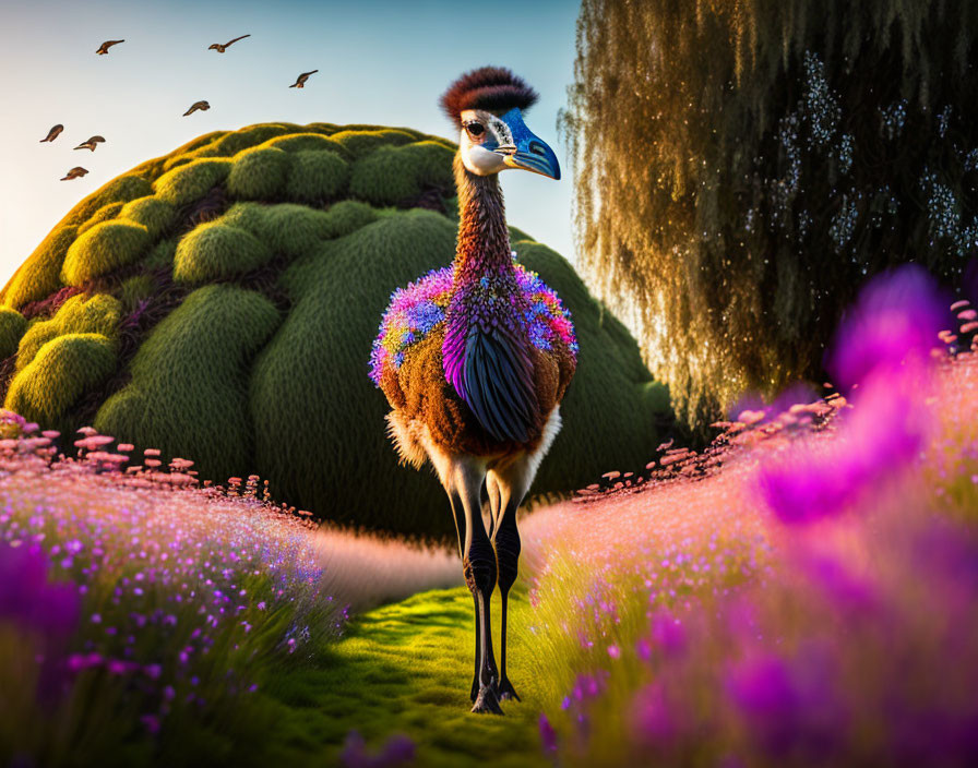 Colorful peacock in lush greenery with waterfall and birds