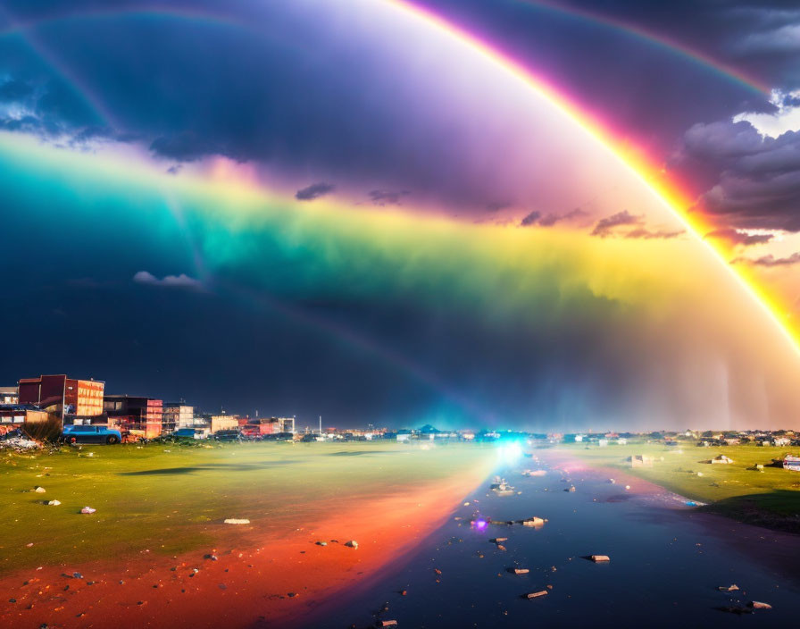 Double rainbow over stormy cityscape with dramatic lighting and dark clouds