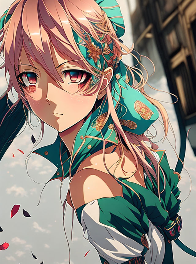 Pink-haired anime girl in turquoise accessories surrounded by falling petals.