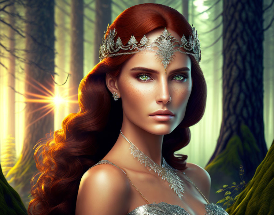 Elf woman with red hair and silver tiara in mystical forest