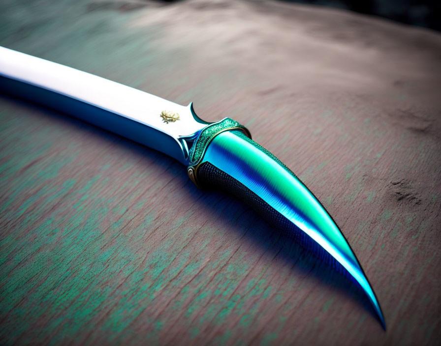 Blue-Tinted Blade Decorative Dagger on Textured Wooden Surface