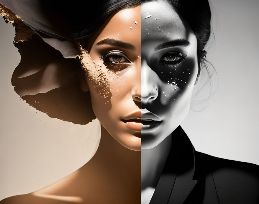 Composite Image of Woman's Face: Color vs. B&W with Creative Dispersion Effect