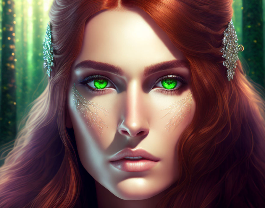 Digital Portrait of Woman with Green Eyes and Red Hair in Forest Setting