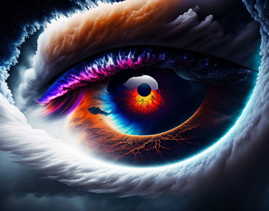 Colorful nebula and lightning effect in surreal eye illustration