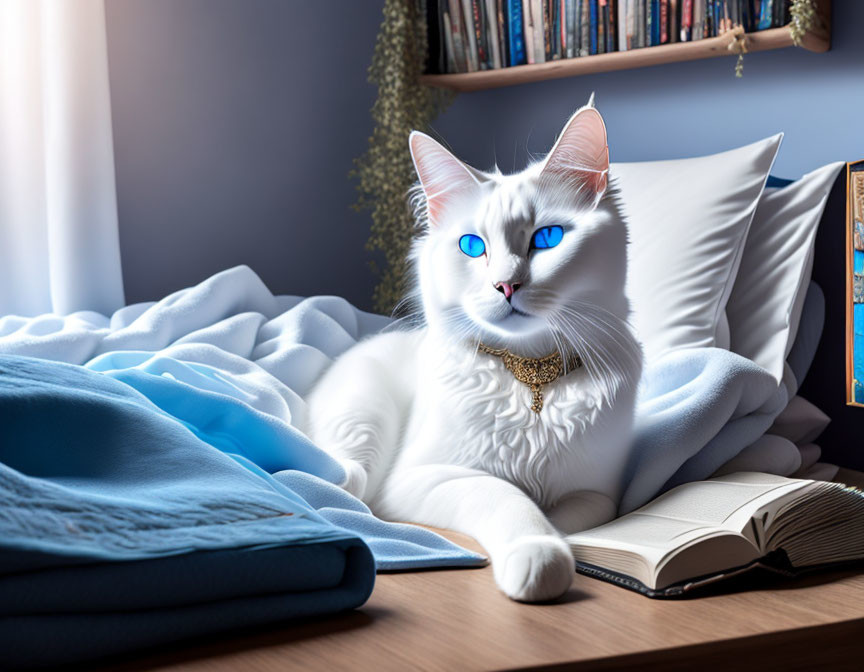 White Cat with Blue Eyes and Gold Collar on Bed with Books and Sunlight