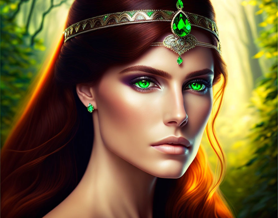 Digital artwork: Woman with green eyes and red hair in forest setting