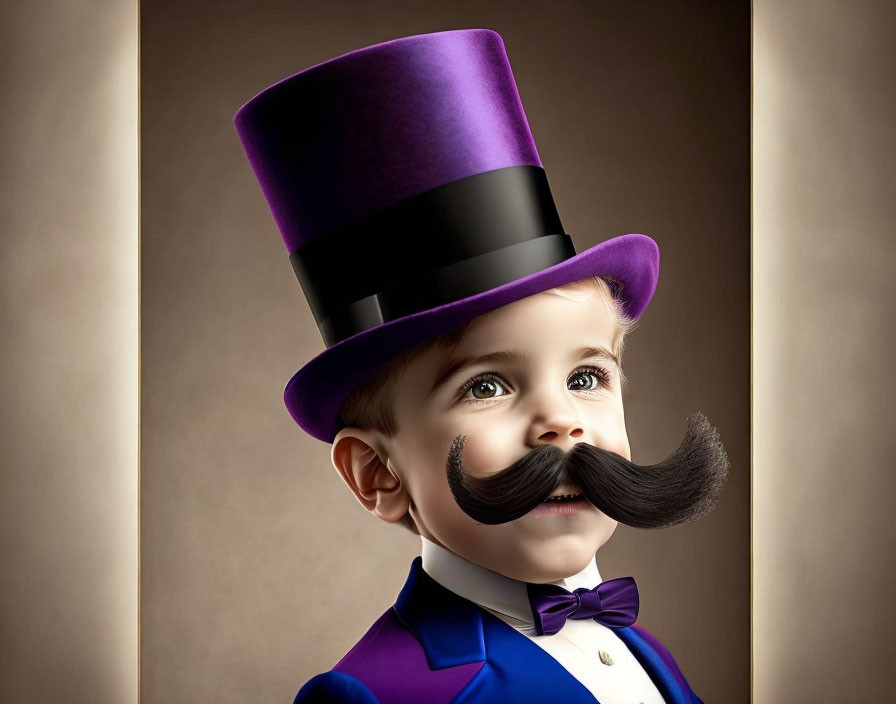 Child in Purple Top Hat and Mustache on Beige Background