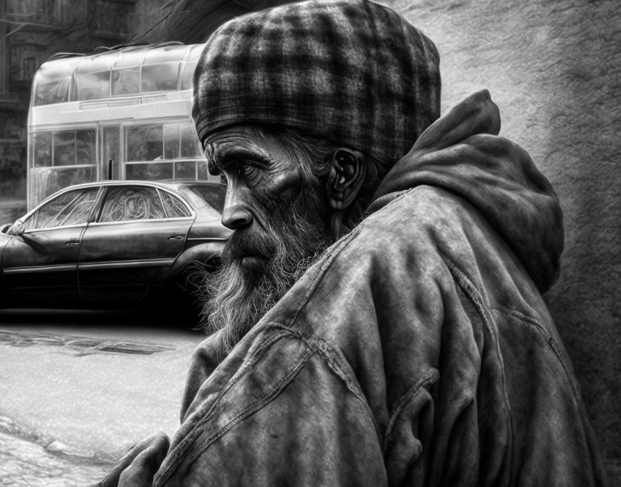 Elderly Bearded Man in Hat with Blurred Urban Background