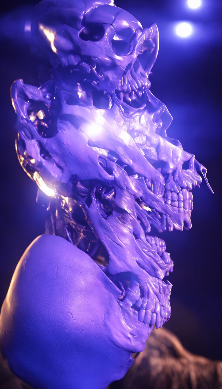 Shiny blue sculpture of distorted skulls and faces under moody lighting