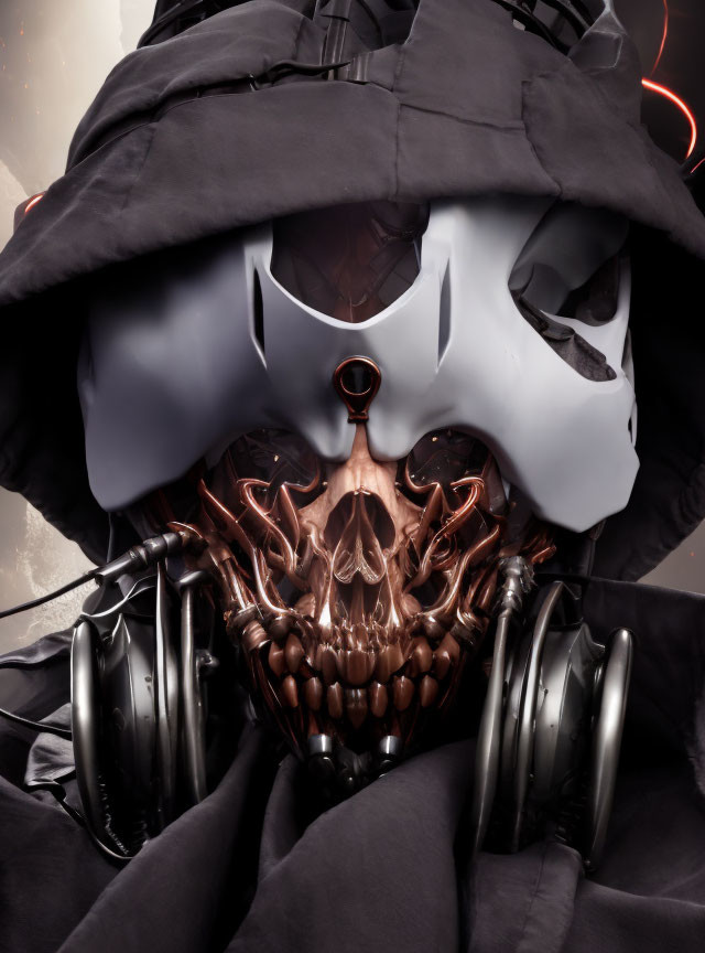 Sinister black hooded figure with skull mask and robotic tentacles.