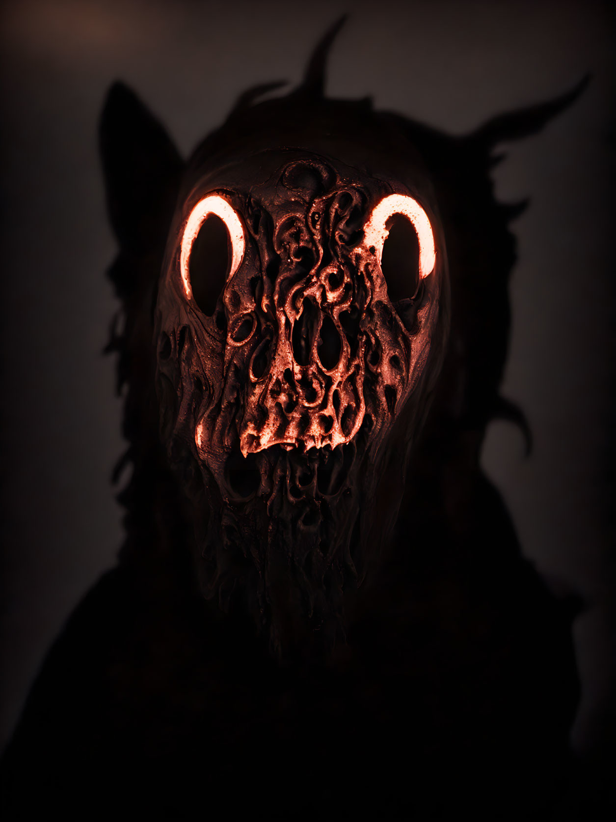 Sinister mask with glowing red eyes and intricate designs in dimly lit setting