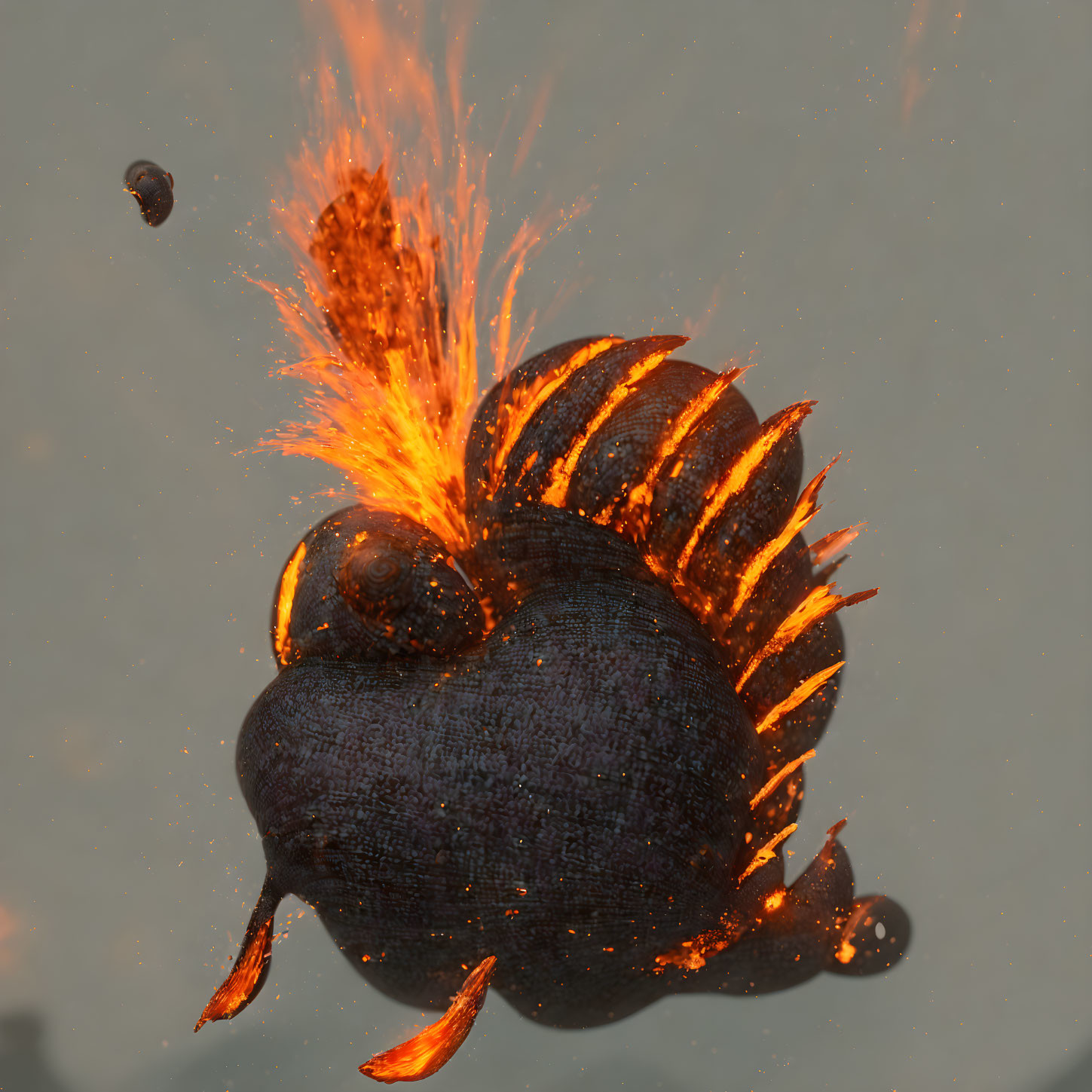 Spiked sphere engulfed in orange flames on gray background