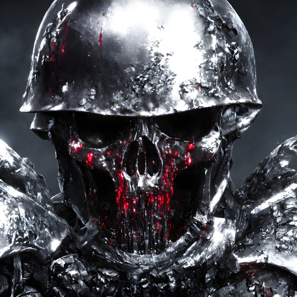 Menacing skull with battle-damaged helmet and red glowing eyes