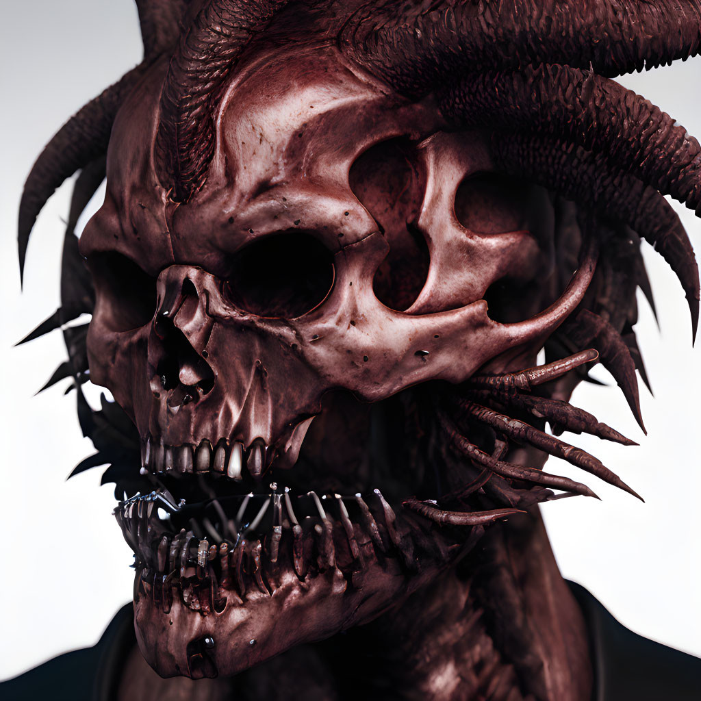 Detailed Digital Artwork: Monstrous Skull with Fangs, Horns, and Spikes