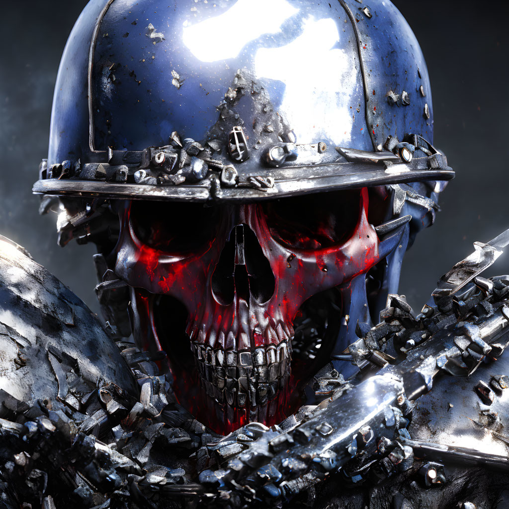 Digital Artwork: Skull with Red Glowing Eyes in Futuristic Warrior Theme