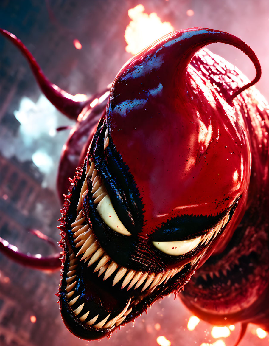 Detailed Venom with sharp teeth and long tongue in cityscape background