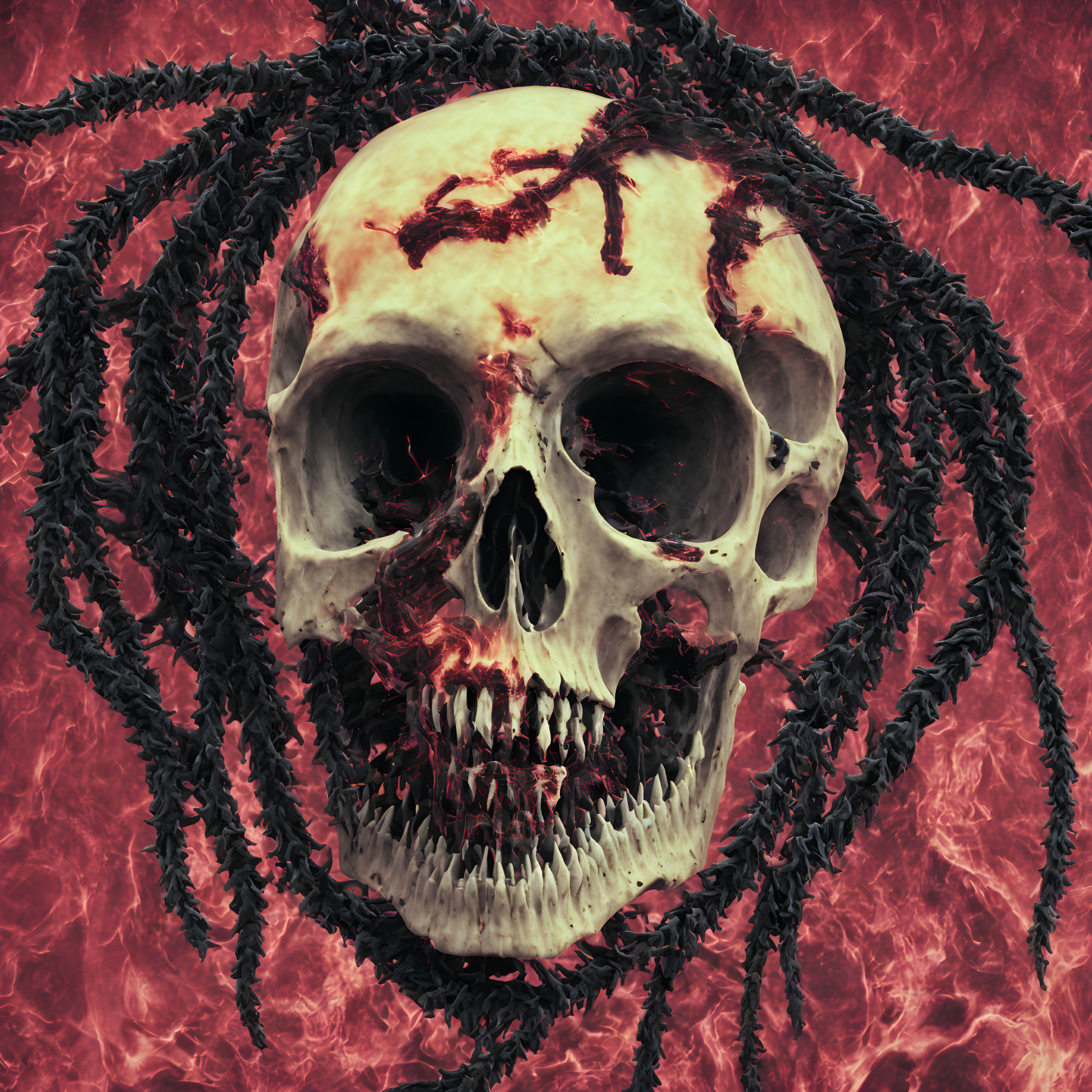 Dark Markings Human Skull Surrounded by Serpentine Shapes on Fiery Red Background