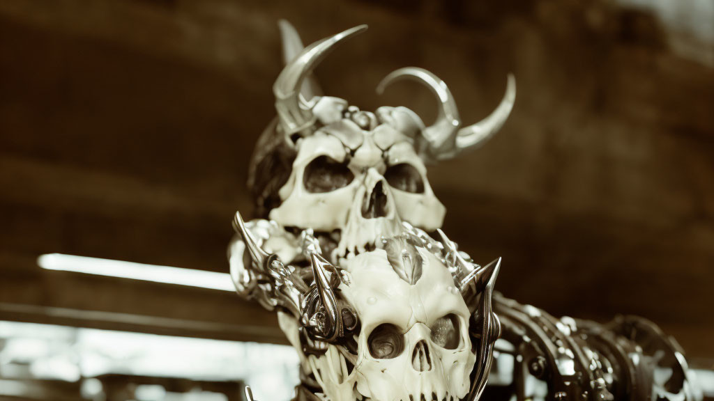 Sepia-Toned Skull with Horns on Mechanical Skeleton Structure