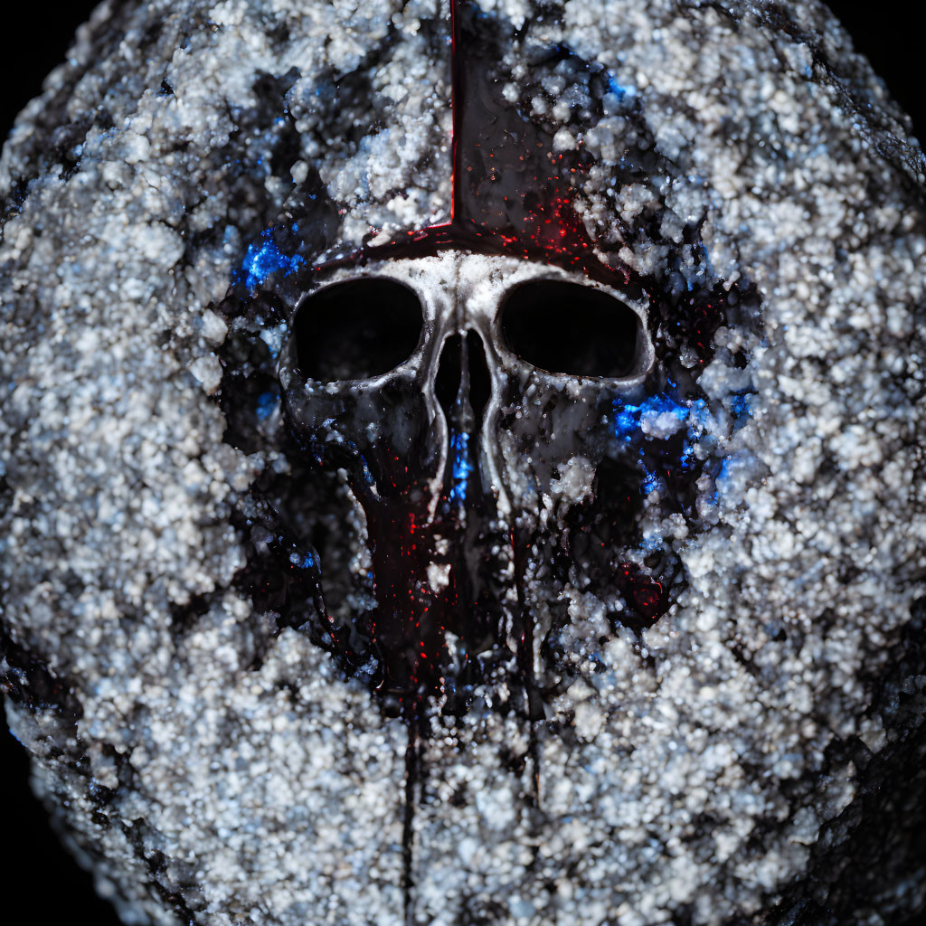 Textured skull with red and blue paint streak on black background