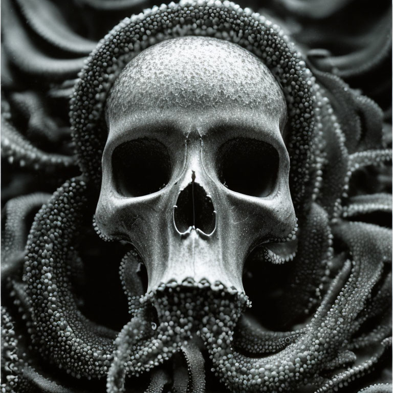 Detailed monochromatic skull art with swirling gothic patterns.