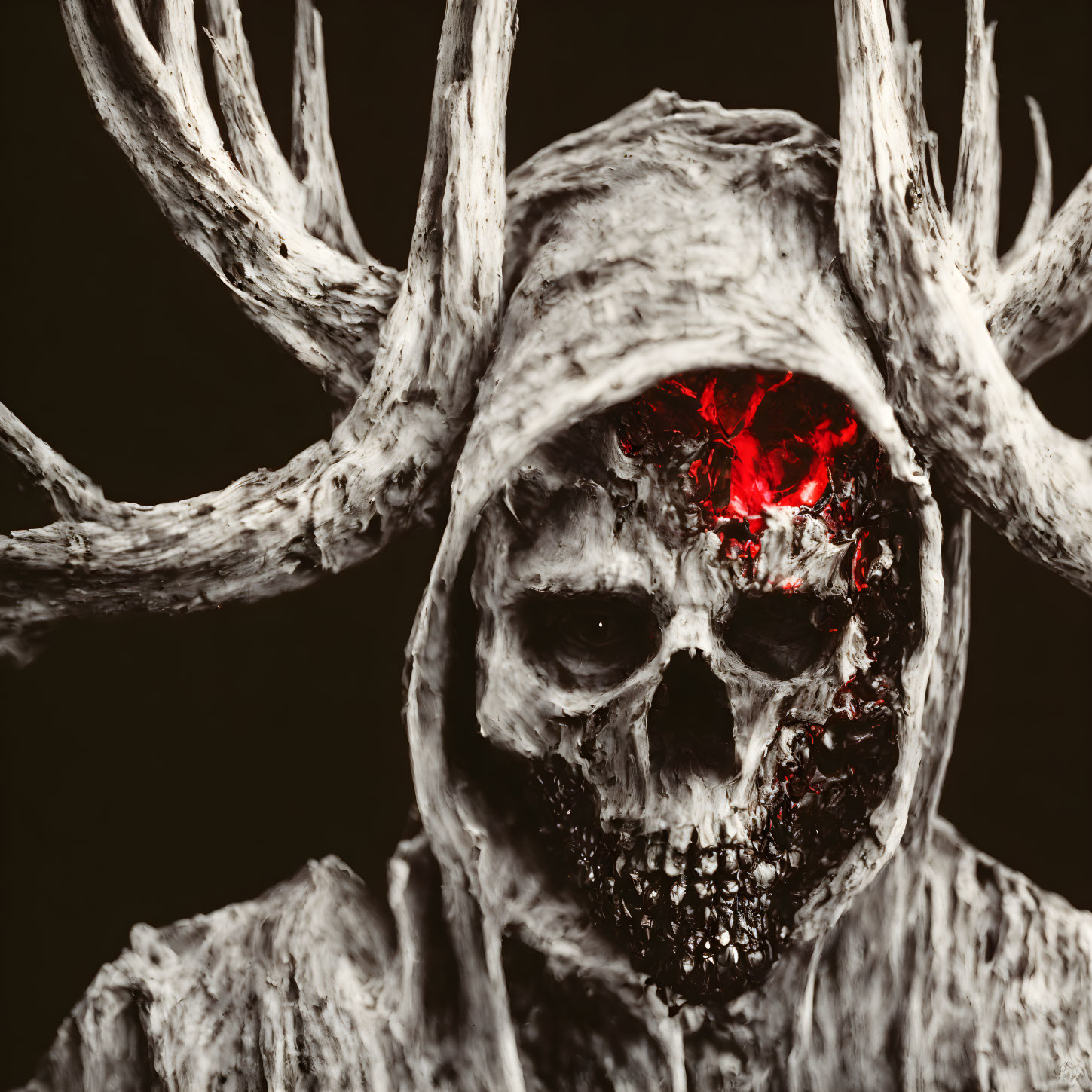 Skull-faced figure with red eye and branch crown on black background