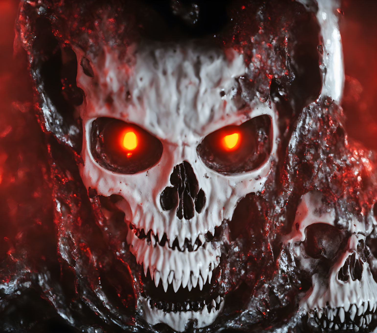 Sinister skull with glowing red eyes on smoky red background