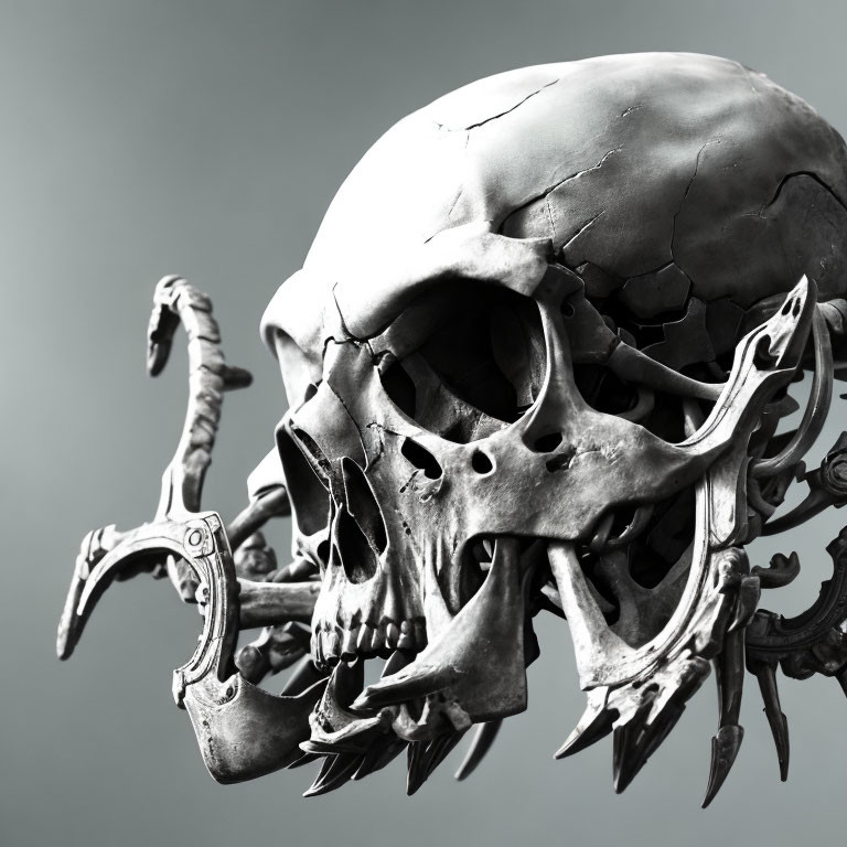 Detailed Human-like Skull with Mechanical Enhancements on Gray Background