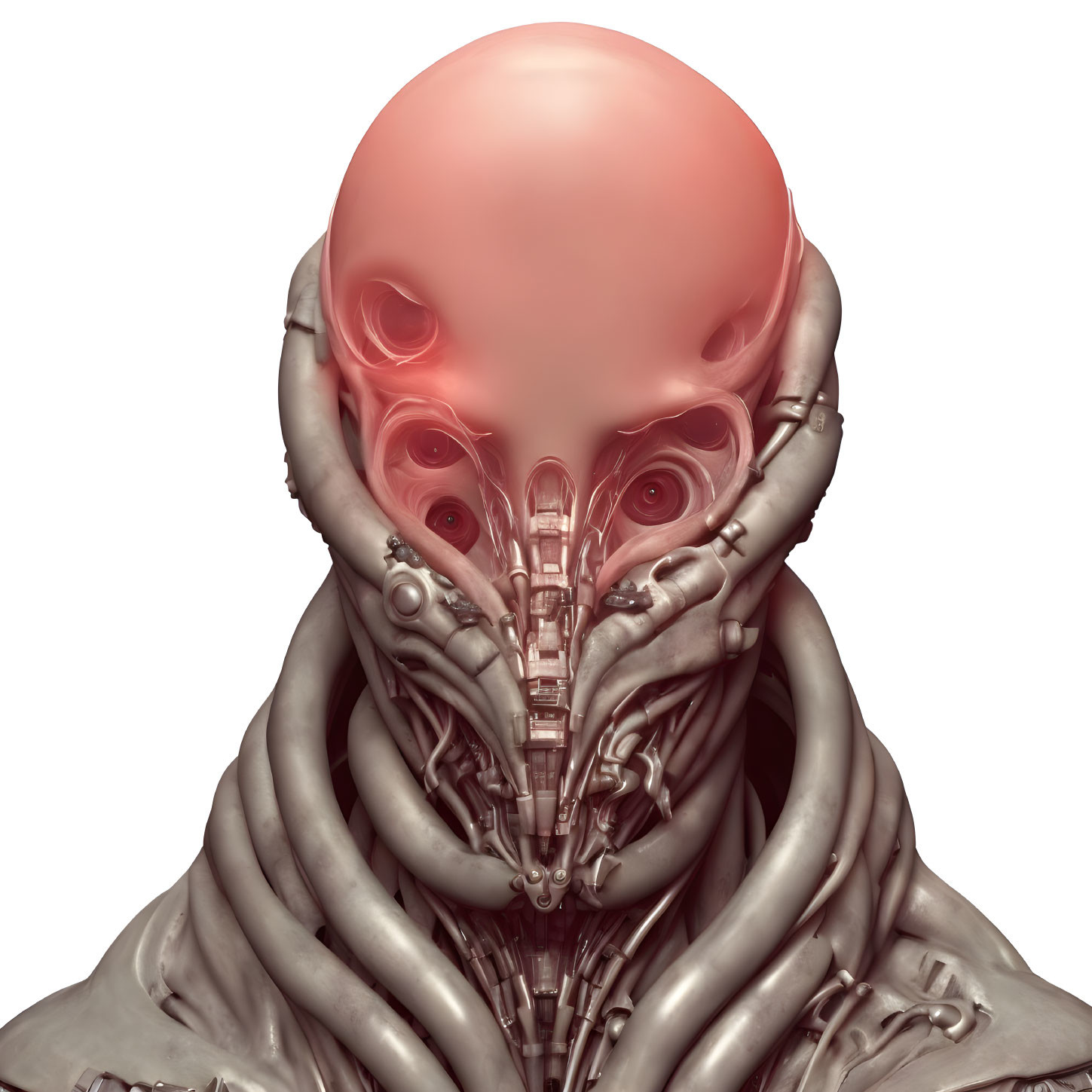 Detailed 3D rendering of pink extraterrestrial with metallic neck on white background