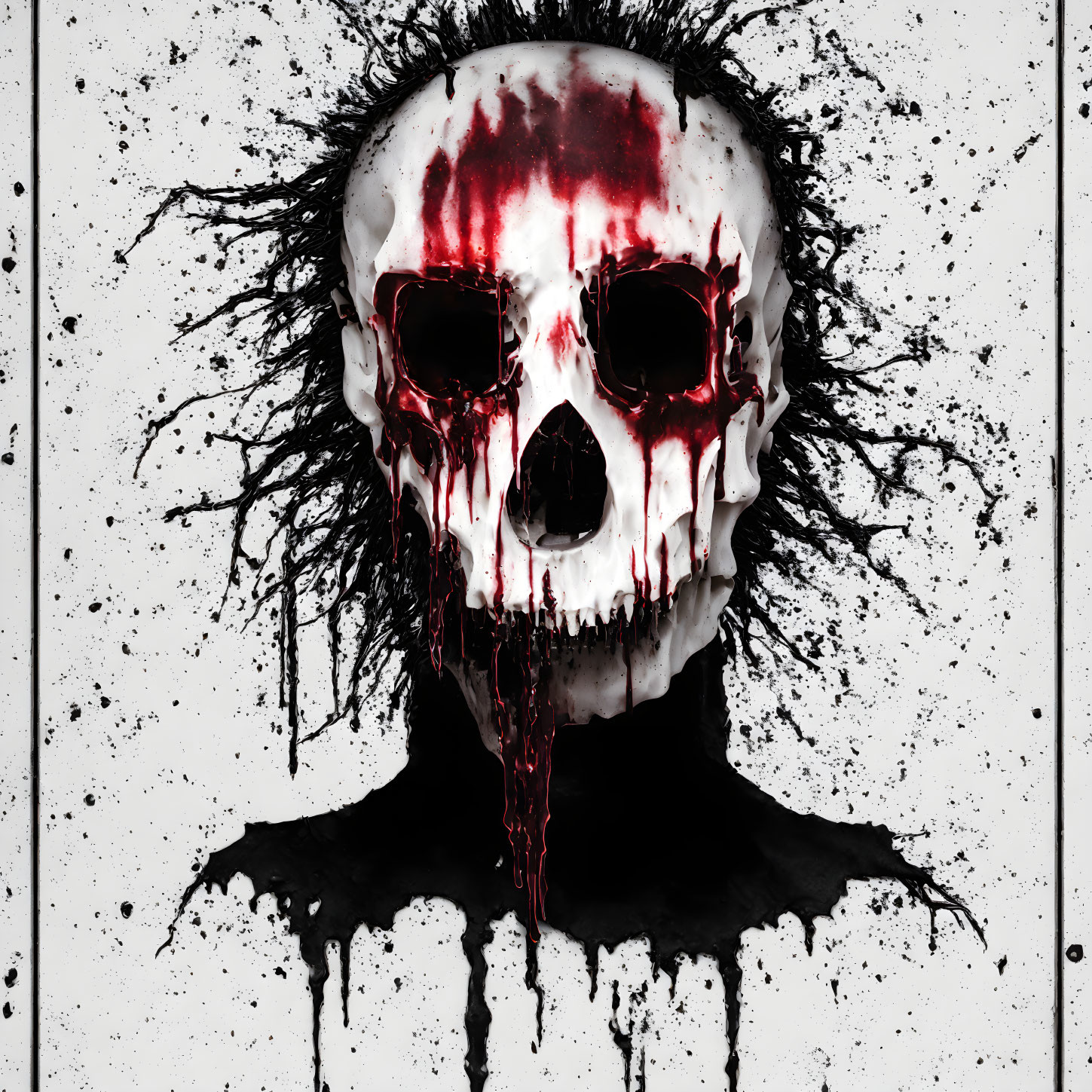 Skull with blood-red details and black liquid on white background