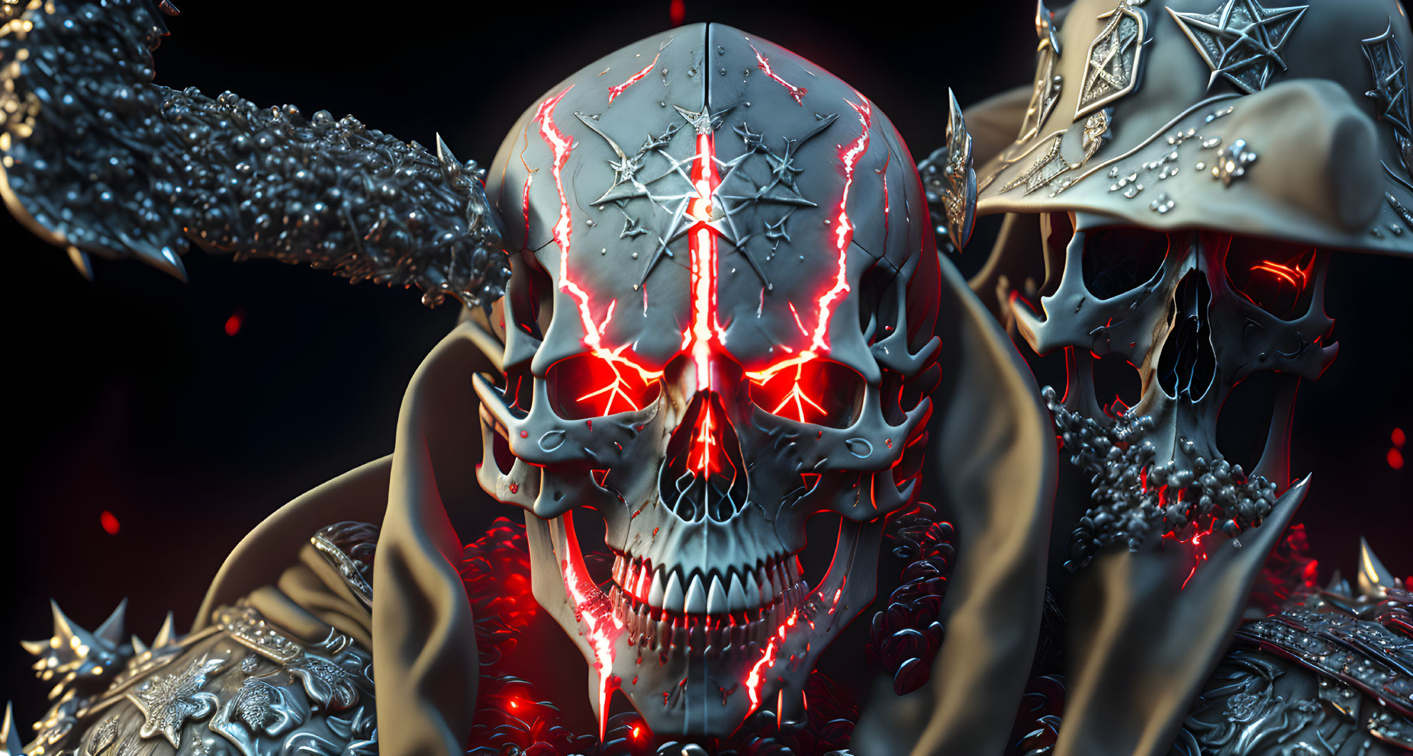 Detailed digital artwork: Menacing skull with glowing red eyes, intricate red cracks, and spiked metal hat