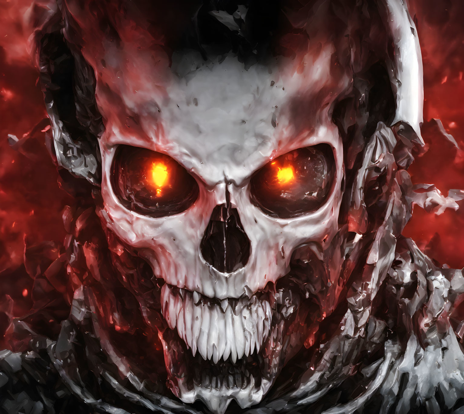 Sinister skull digital art with glowing red eyes