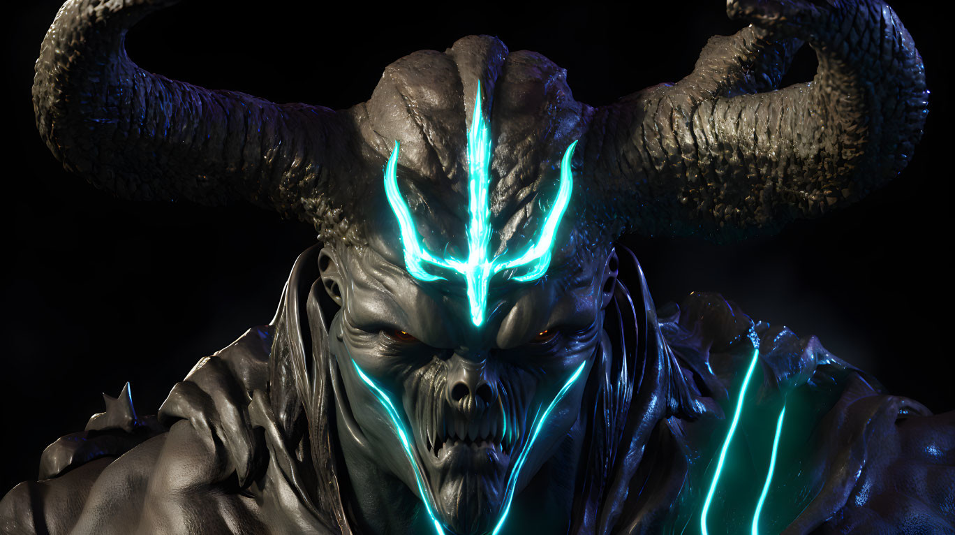 Dark creature with glowing blue eyes, curled horns, and textured skin on black background