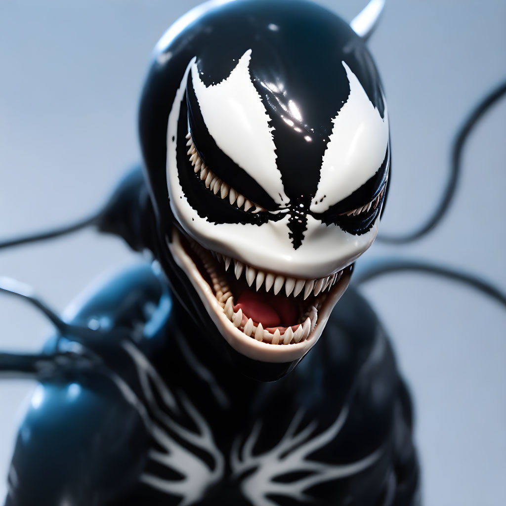 Black Suit with White Spider Symbol and Menacing Smile on Dark Background