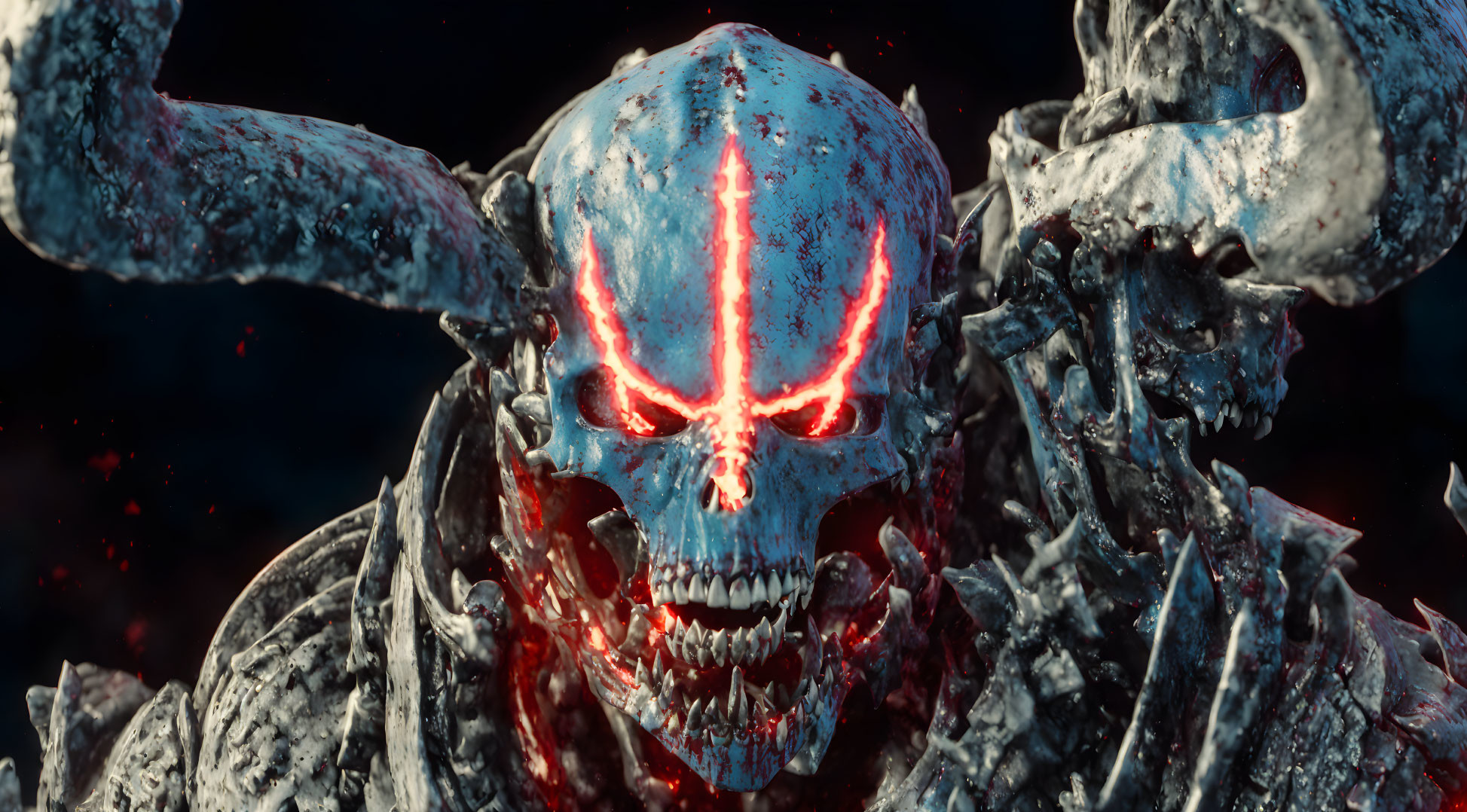 Menacing skull with glowing red eyes and skeletal figures in dark setting