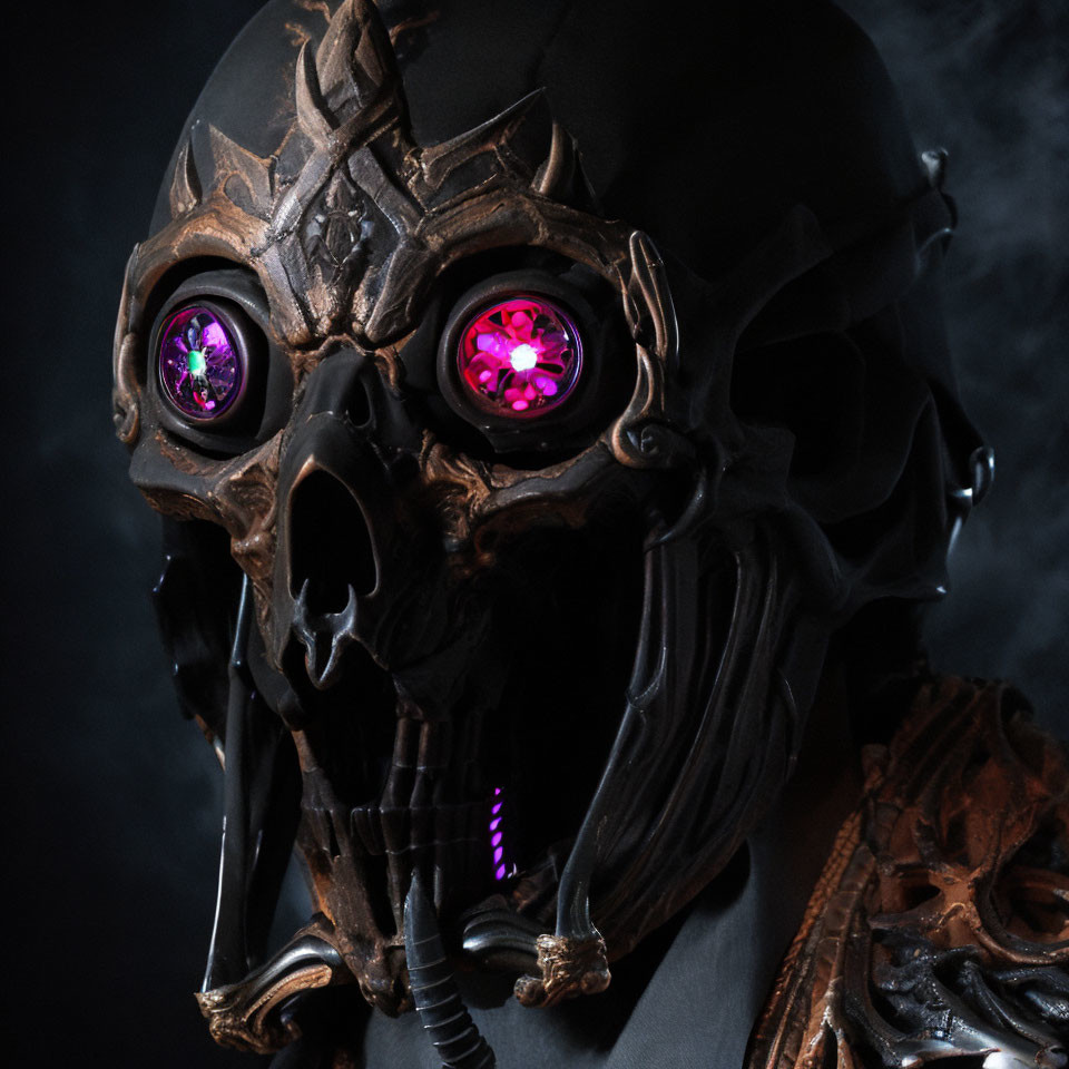 Dark Sinister Mask with Skull-like Features and Glowing Purple Eyes against Moody Background