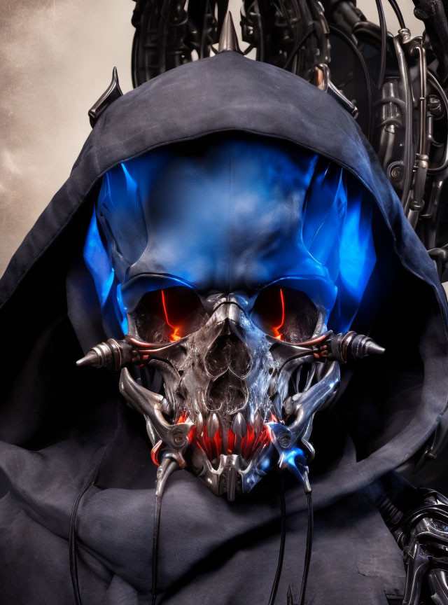 Skull mask with glowing blue eyes and mechanical details on hooded figure