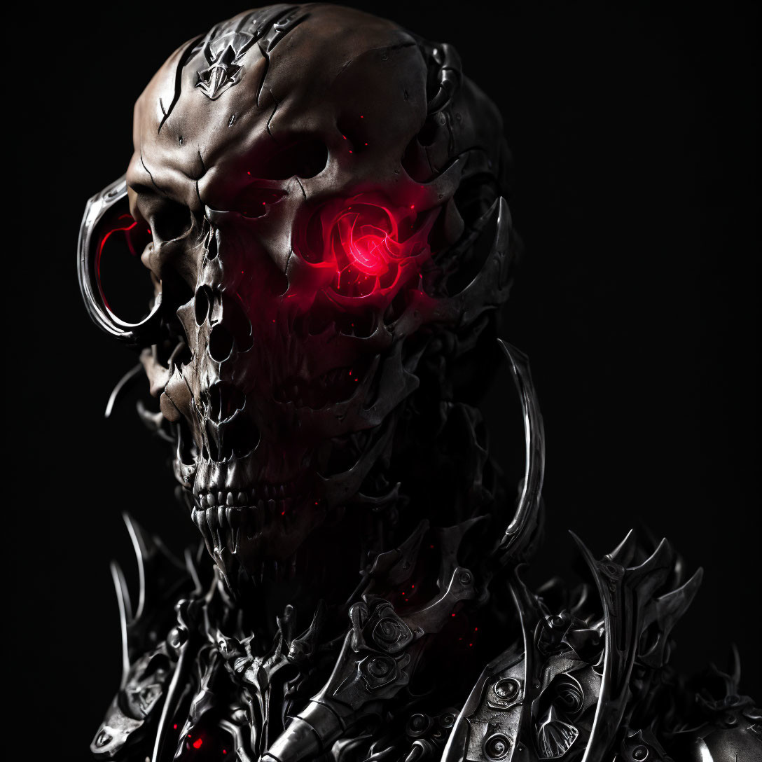 Menacing metallic skull with glowing red eyes and sharp teeth in dark armor.