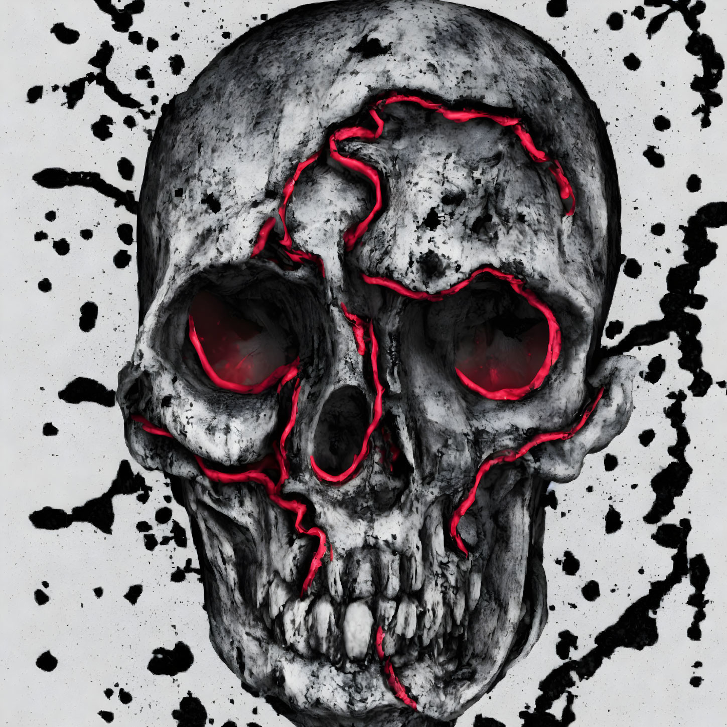 Dark grungy human skull illustration with glowing red cracks on ink-splattered backdrop