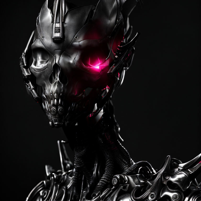 Metallic robot skull with glowing red eyes on dark backdrop: Cybernetic vibe